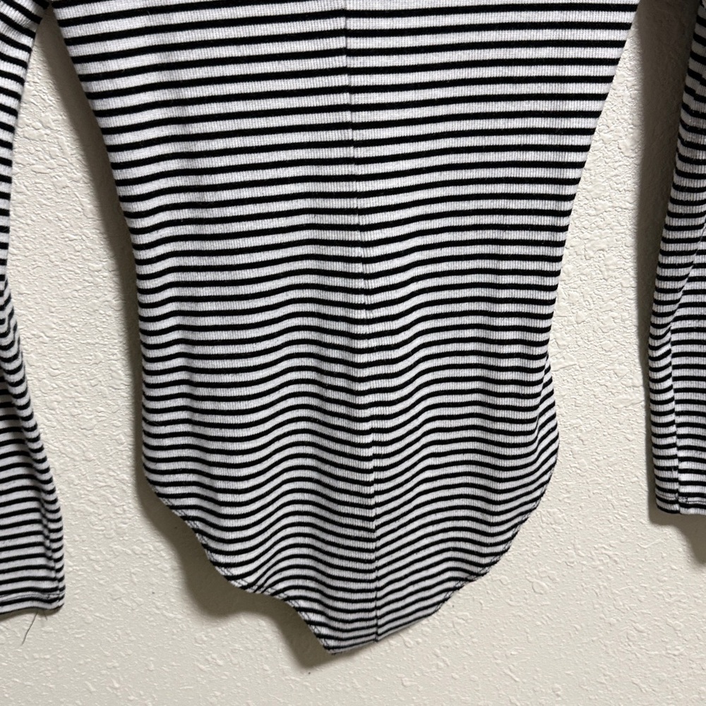 Who What Wear Womens Striped Ribbed Lace‎ Up Long Sleeve Bodysuit Black White M - Picture 7 of 7